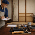 札幌で書道具を査定するスタッフ（筆・硯・墨・文房具一式）