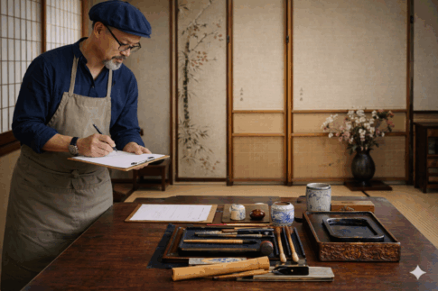 札幌で書道具を査定するスタッフ(筆・硯・墨・文房具一式)