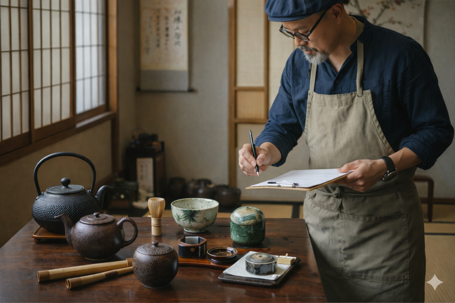 札幌で茶道具を査定する様子（茶道具買取）
